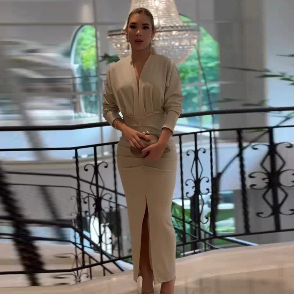 Forever 21 Khaki Belted Bodycon Dress with Three Quarter Sleeves and Slit